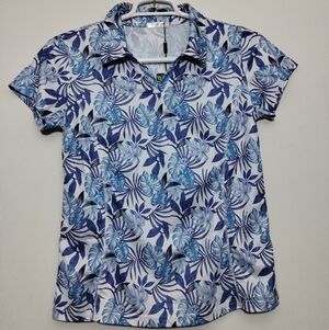 Pinspark Women's M Golf Polo Shirt Blue and White Floral Tropical